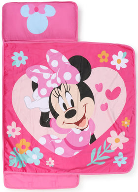 Jay Franco Minnie Mouse nap mat folded with embedded pillow, portable for daycare.