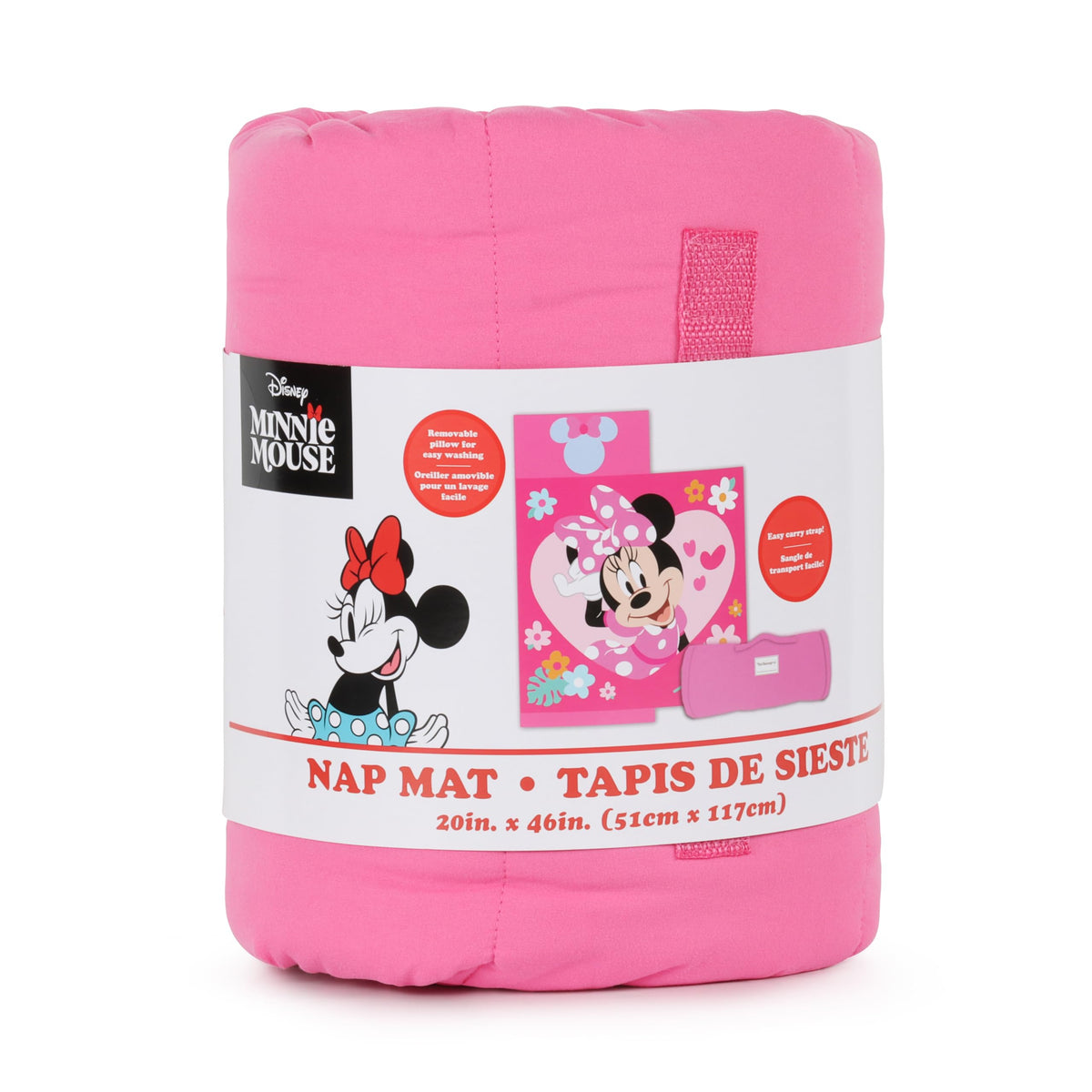 Jay Franco Minnie Mouse nap mat machine washable for quick cleanups.