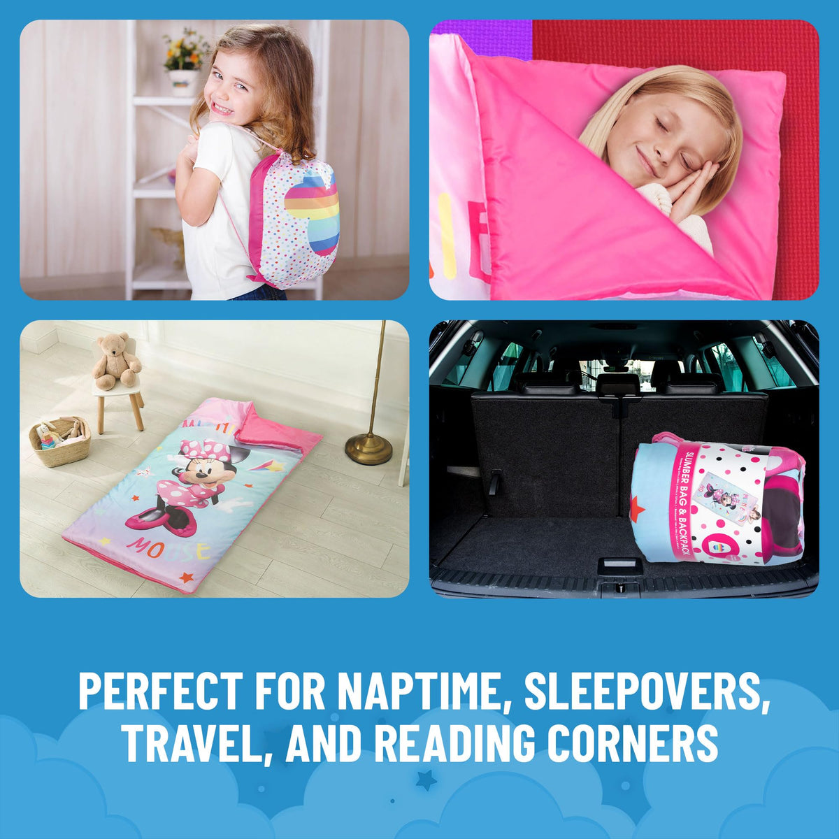 Jay Franco Minnie Mouse slumber sack in a bedtime scene for kids.