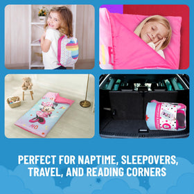 Jay Franco Minnie Mouse slumber sack in a bedtime scene for kids.