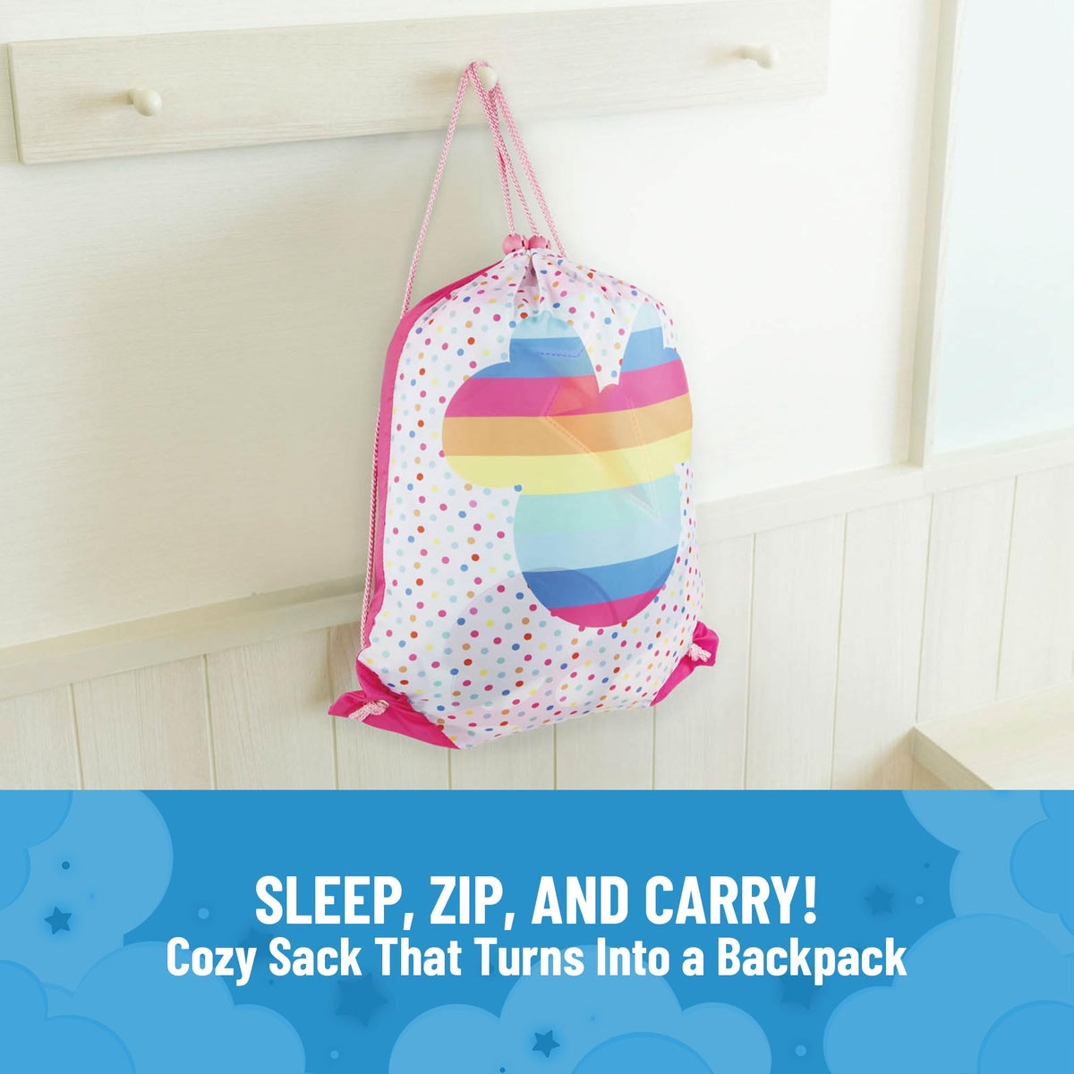 Jay Franco Minnie Mouse slumber sack with drawstring bag ready for travel.