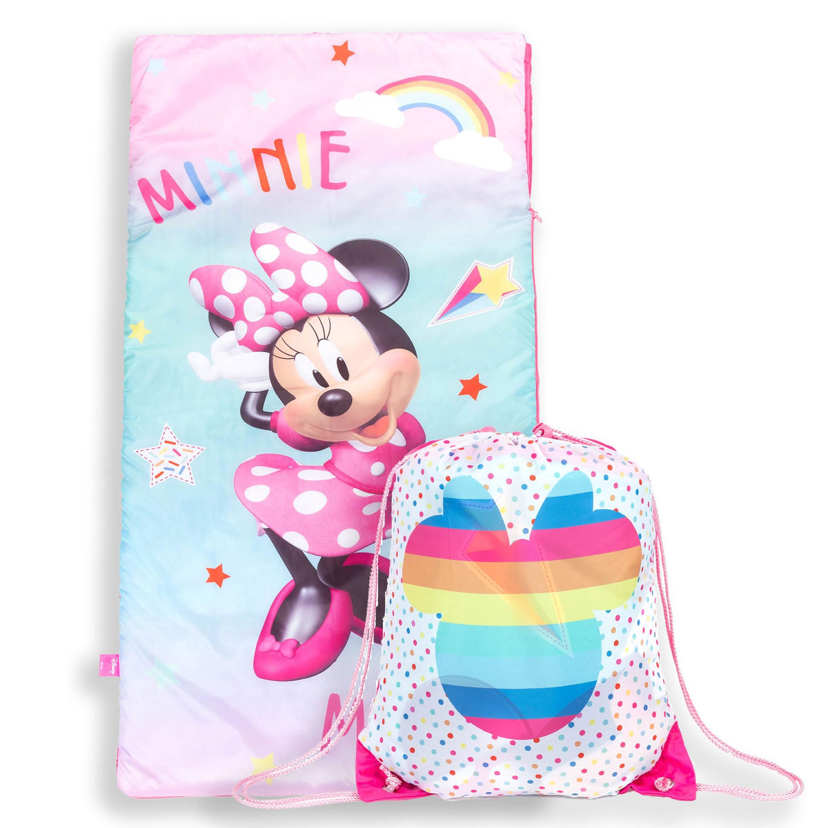 Jay Franco Minnie Mouse slumber sack folded for compact storage and travel.