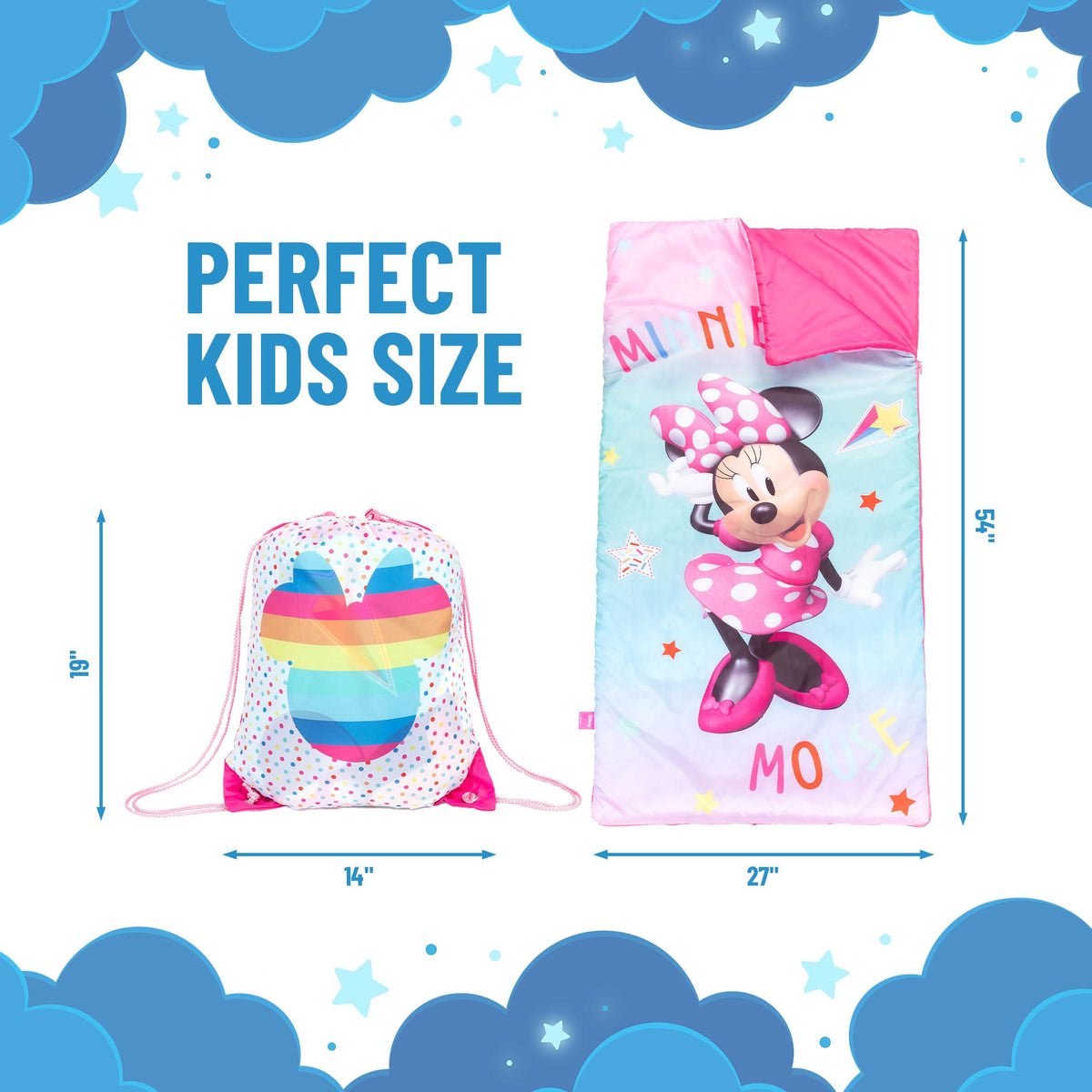 Jay Franco Minnie Mouse slumber sack opened on a bed for a cozy sleepover.