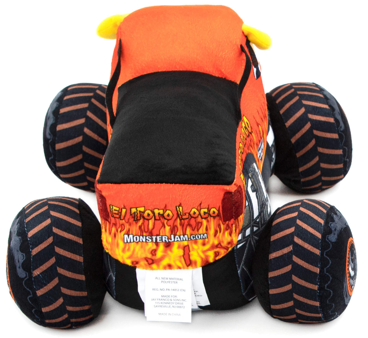 Jay Franco Monster Jam El Toro Loco pillow buddy in bed for comforting bedtime routine