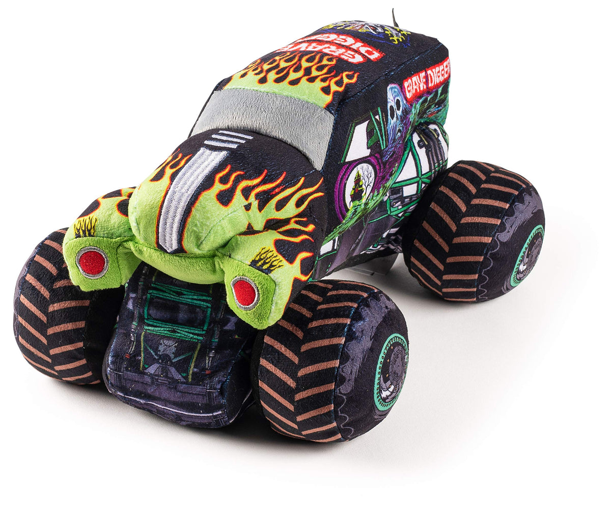 Fabric detail highlights soft microfiber and durable stitching on the Grave Digger plush.