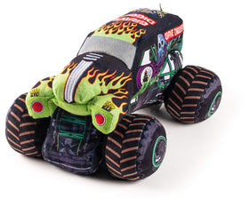 Fabric detail highlights soft microfiber and durable stitching on the Grave Digger plush.