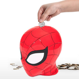 Jay Franco Spiderman ceramic piggy bank front view encouraging daily saving with superhero flair