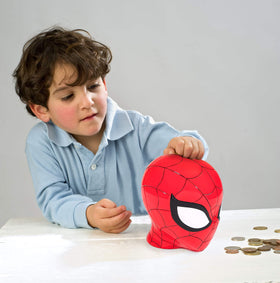 Jay Franco Spiderman piggy bank top view reveals easy-access coin slot for deposits