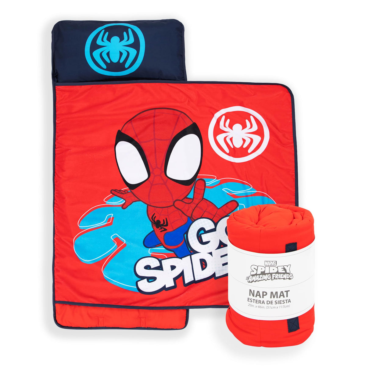 Jay Franco Spiderman nap mat with embedded pillow for cozy travel.