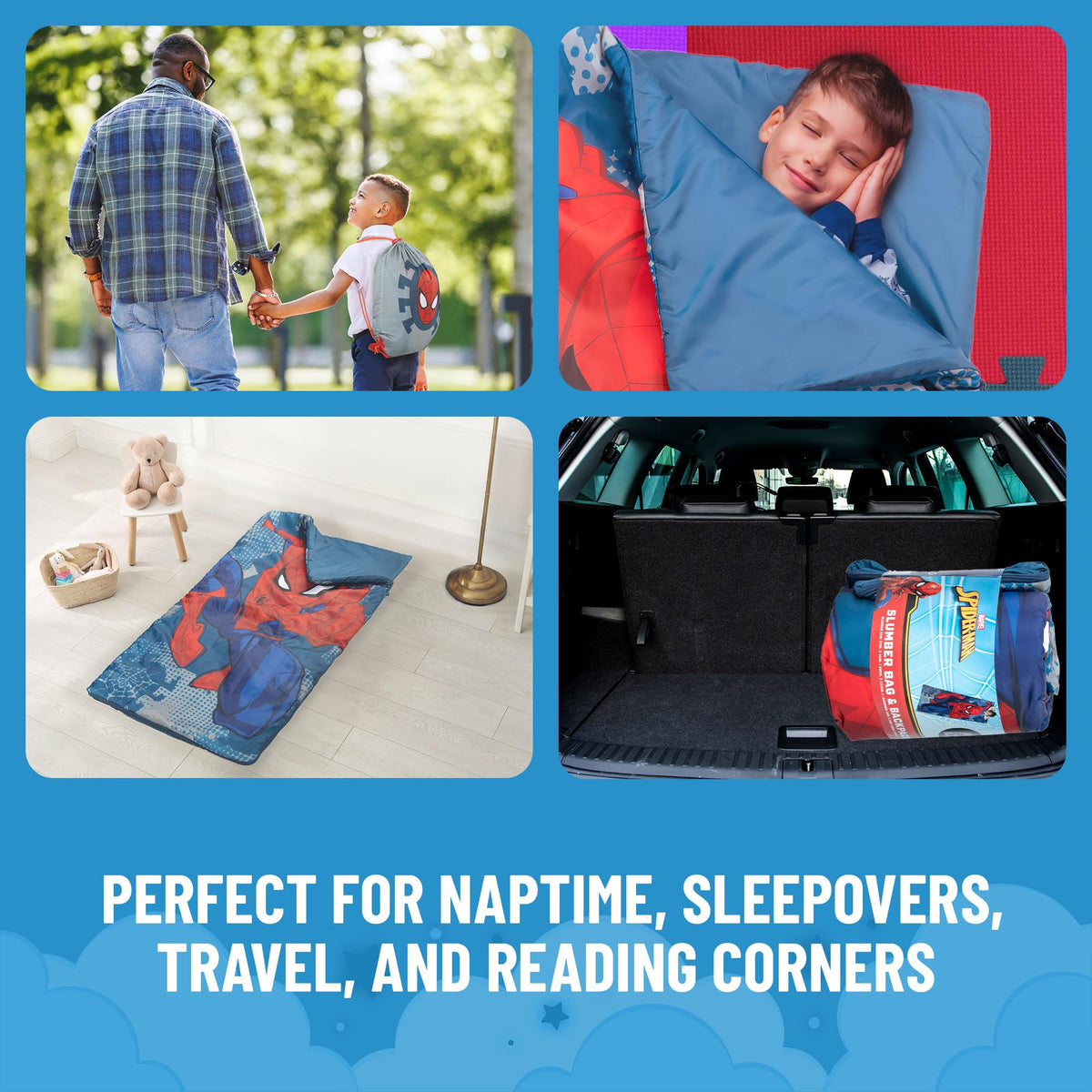 Jay Franco Spiderman slumber sack rolls up for compact storage and portability