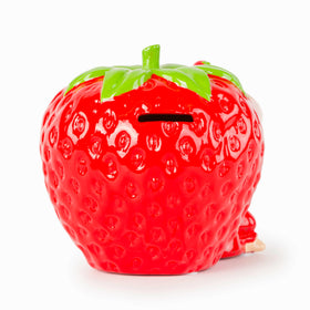 Jay Franco Strawberry Shortcake piggy bank close-up ceramic texture highlights safe, kid-friendly money storage.