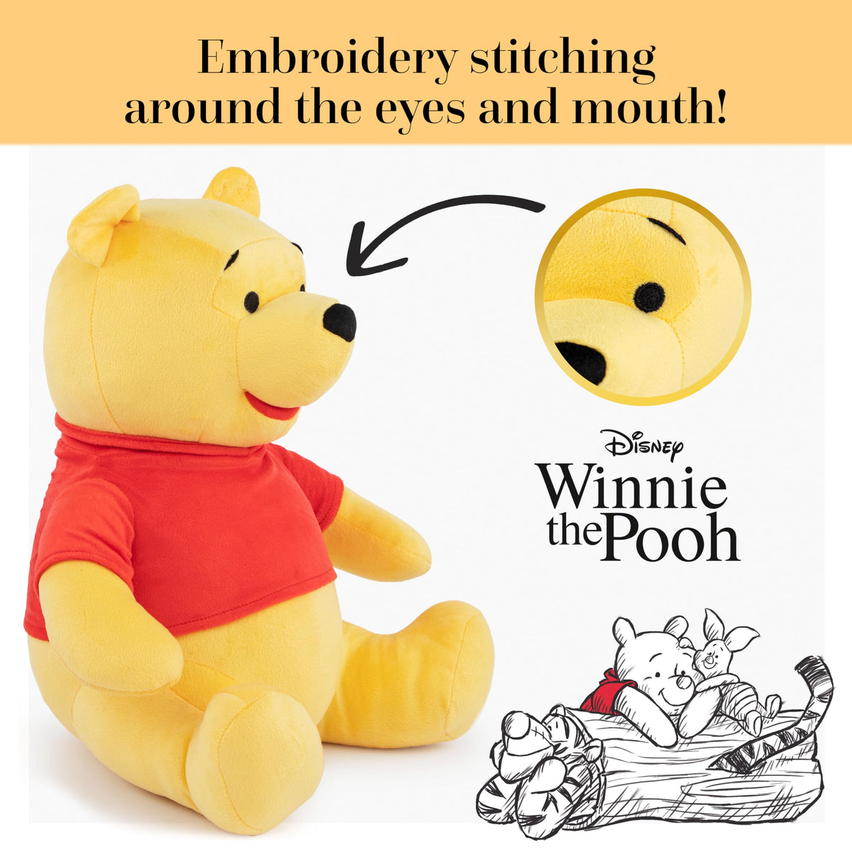 Winnie the Pooh pillow buddy shown in a cozy bedtime setup with plush friends
