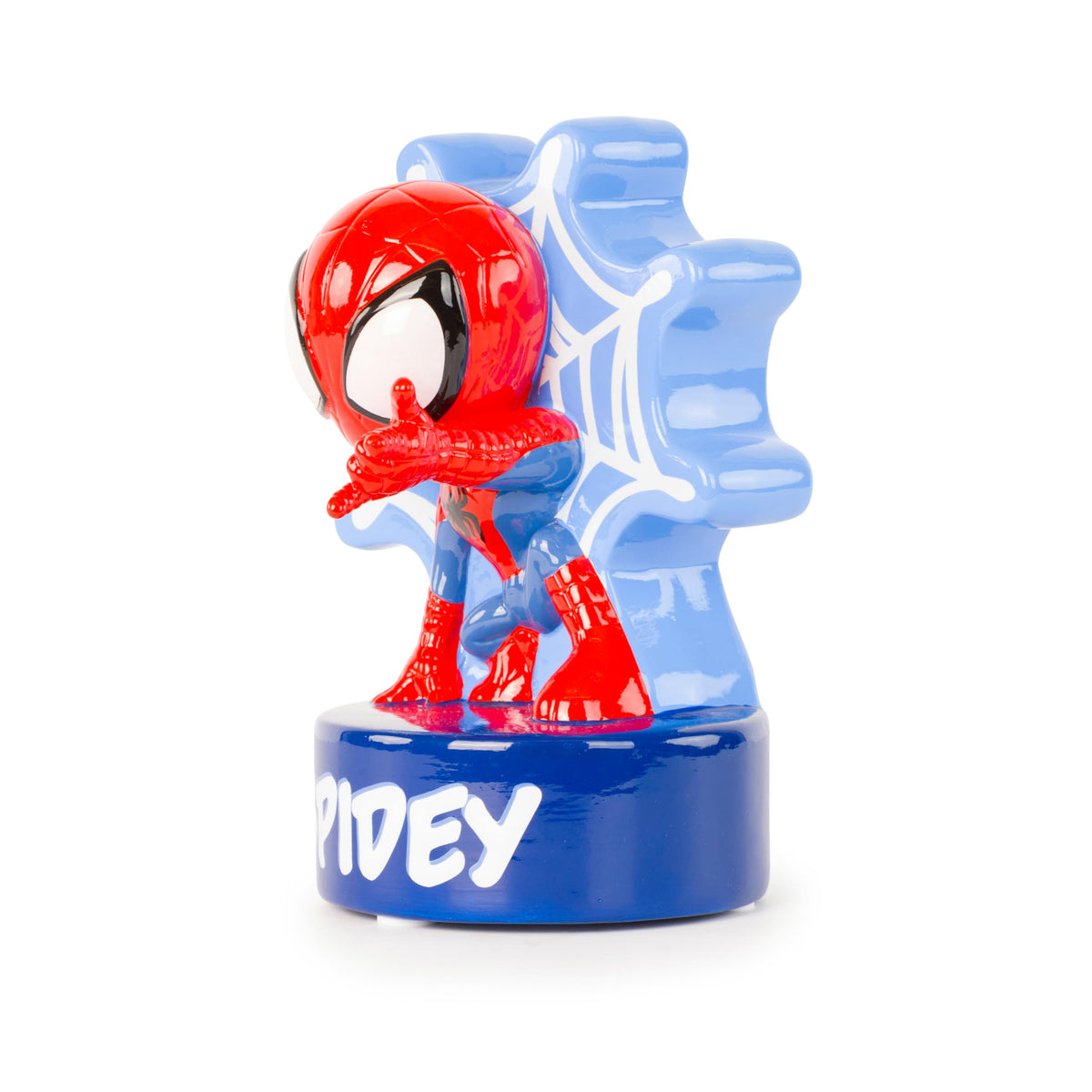 Jay Franco Spidey piggy bank features a rubber stopper for easy coin retrieval.