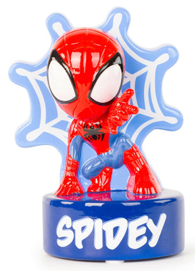 Jay Franco Marvel Spidey piggy bank ceramic on shelf, perfect for kids' saving fun.