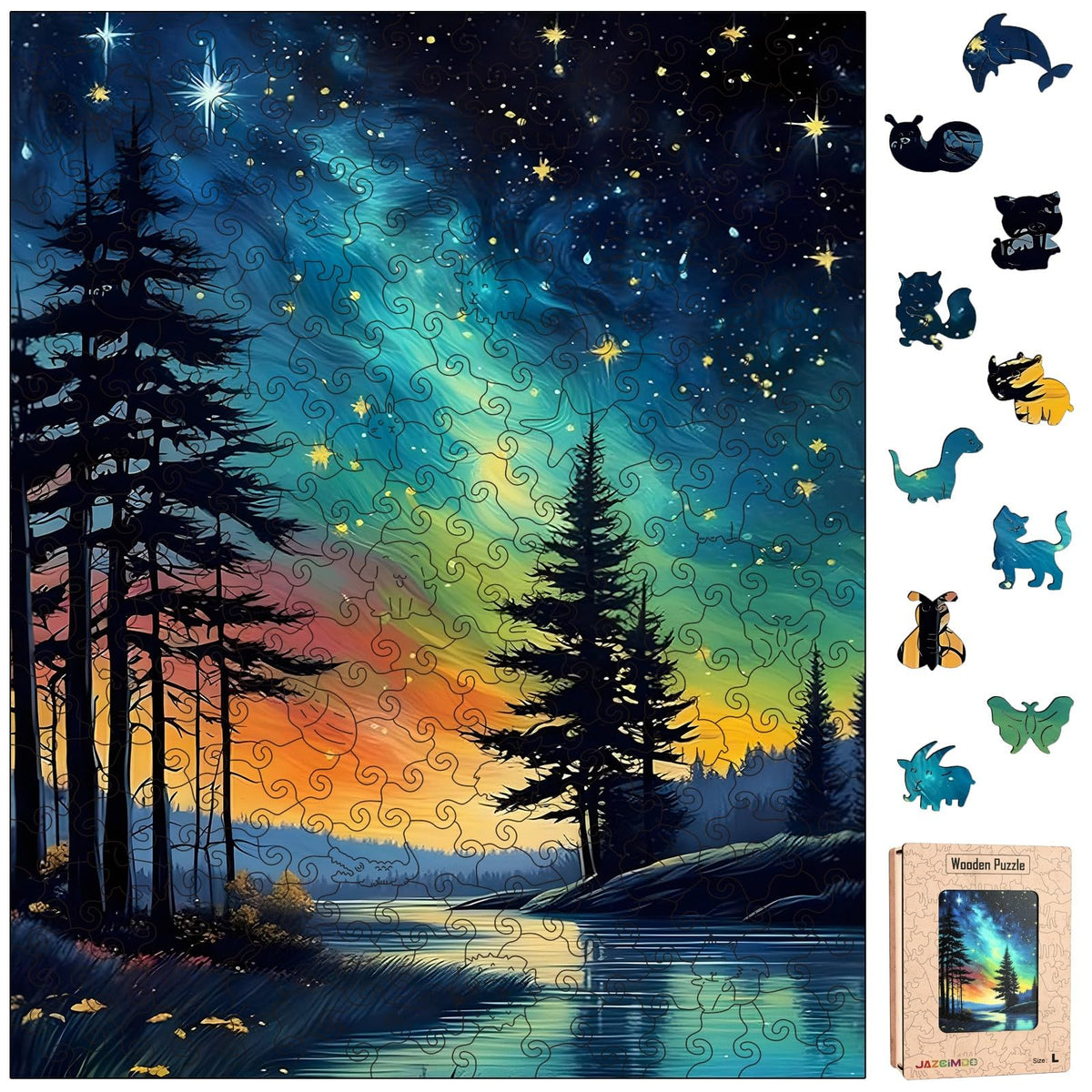 Jazcimdo Northern Lights wooden puzzle pieces for adults, promoting focus and mindful play.