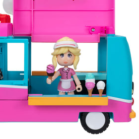 Jazwares Adopt Me Ice Cream Truck with open roof and cooler for realistic pretend scoops.