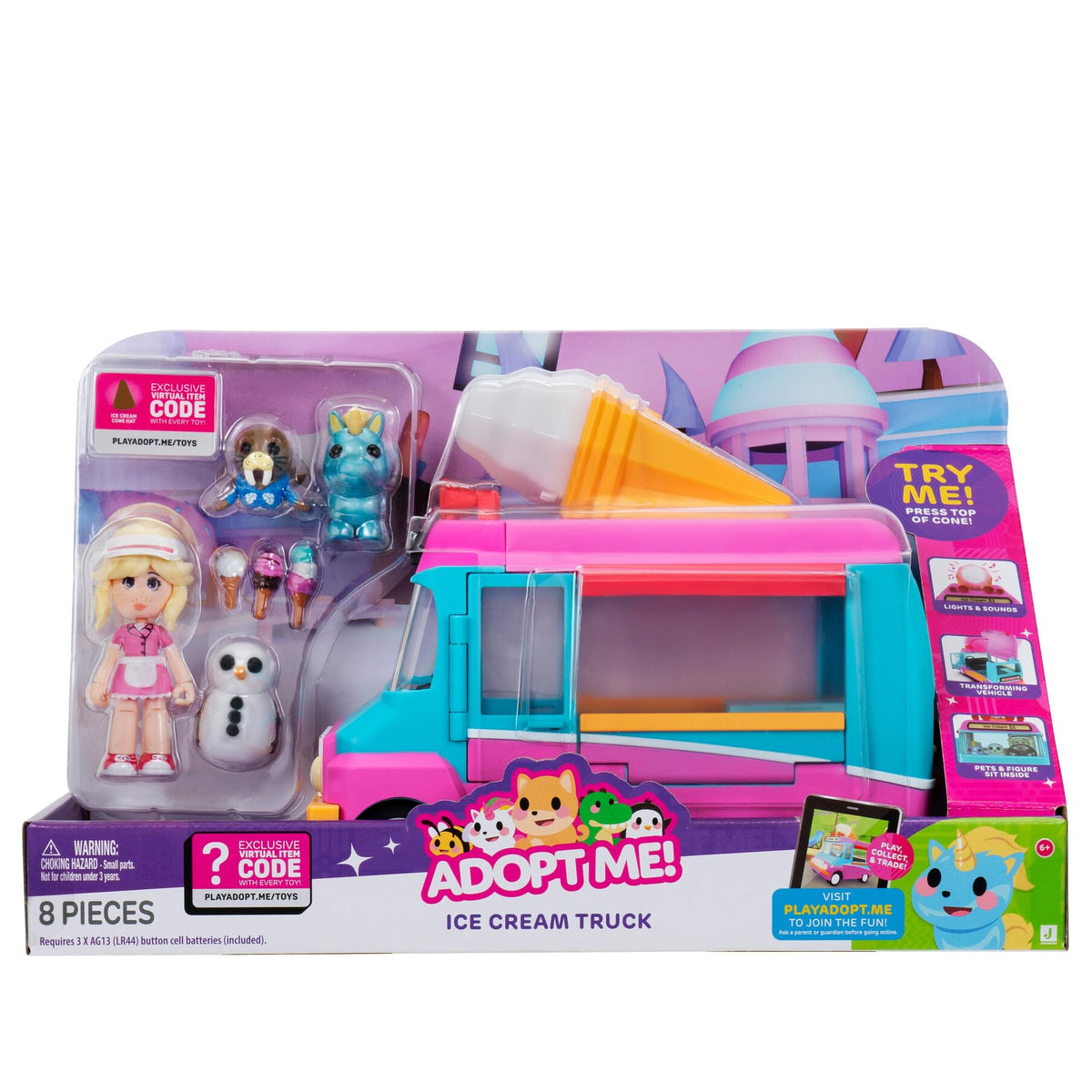 Jazwares Adopt Me Ice Cream Truck transforming vehicle with fold-out counter for mobile pretend play.