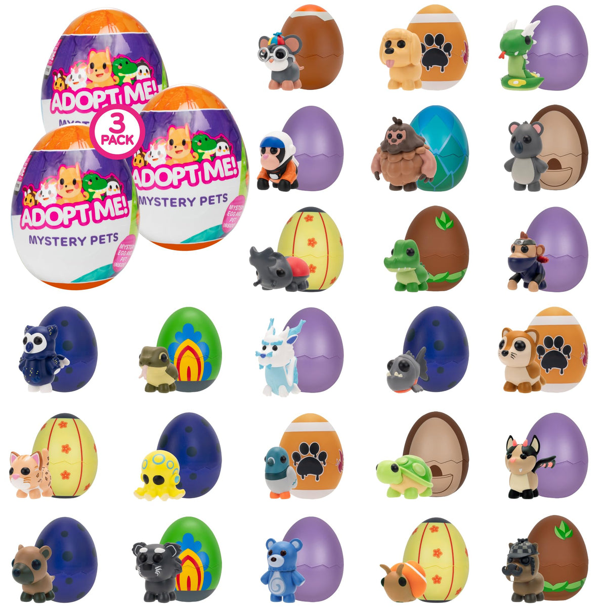 Jazwares Adopt Me mystery egg three-pack box showing random collectible pets