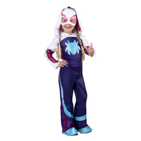 Jazwares Costume Play Ghost-Spider toddler hooded jumpsuit with Gwen Stacy graphic for easy dress-up.
