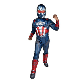 Jazwares Costume Play MARVEL Captain America youth jumpsuit for spirited Halloween adventures.