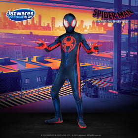 Jazwares Costume Play Miles Morales Zentai back view with hidden zippers for easy removal.