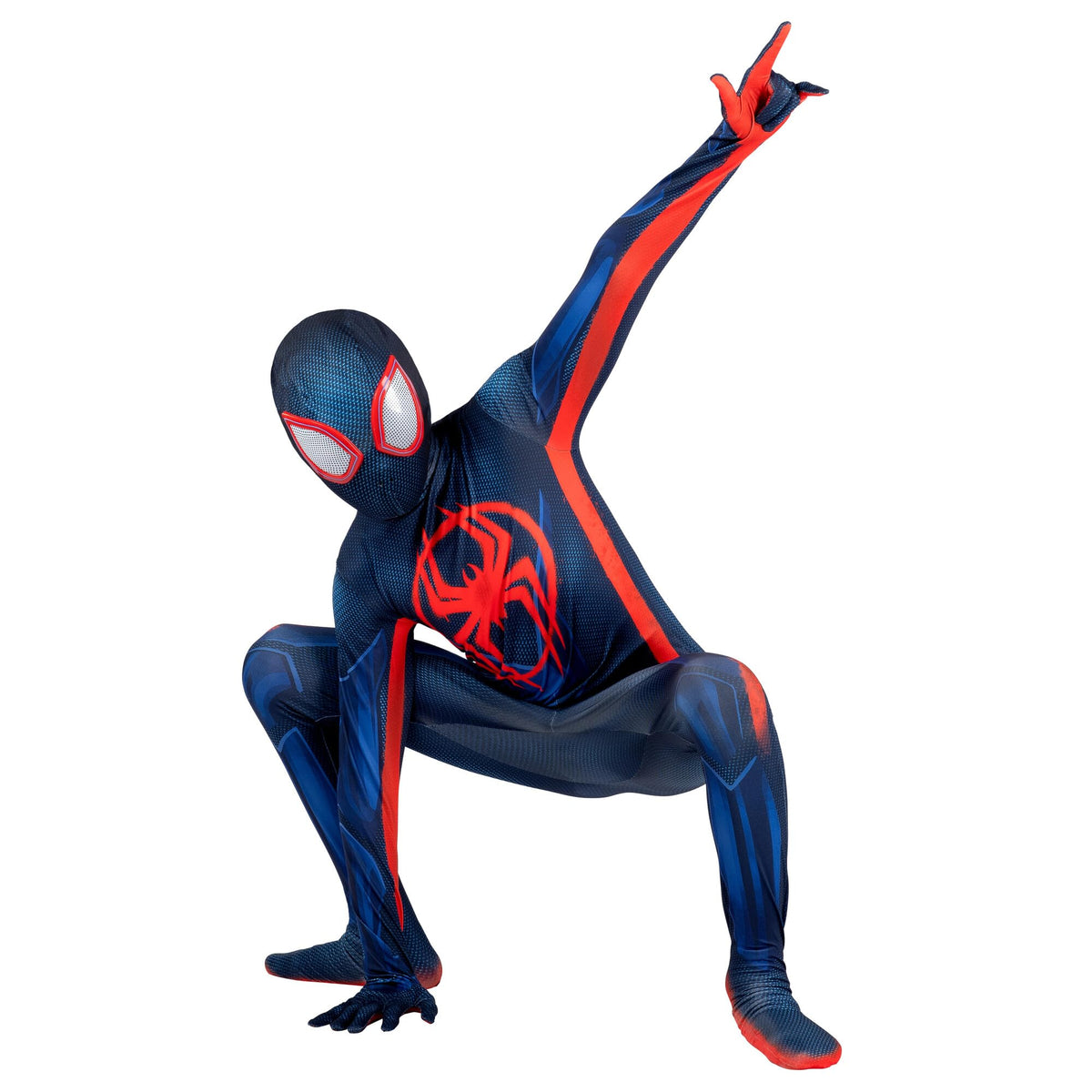 Jazwares Costume Play Miles Morales Zentai front view with invisible zippers for quick dressing.