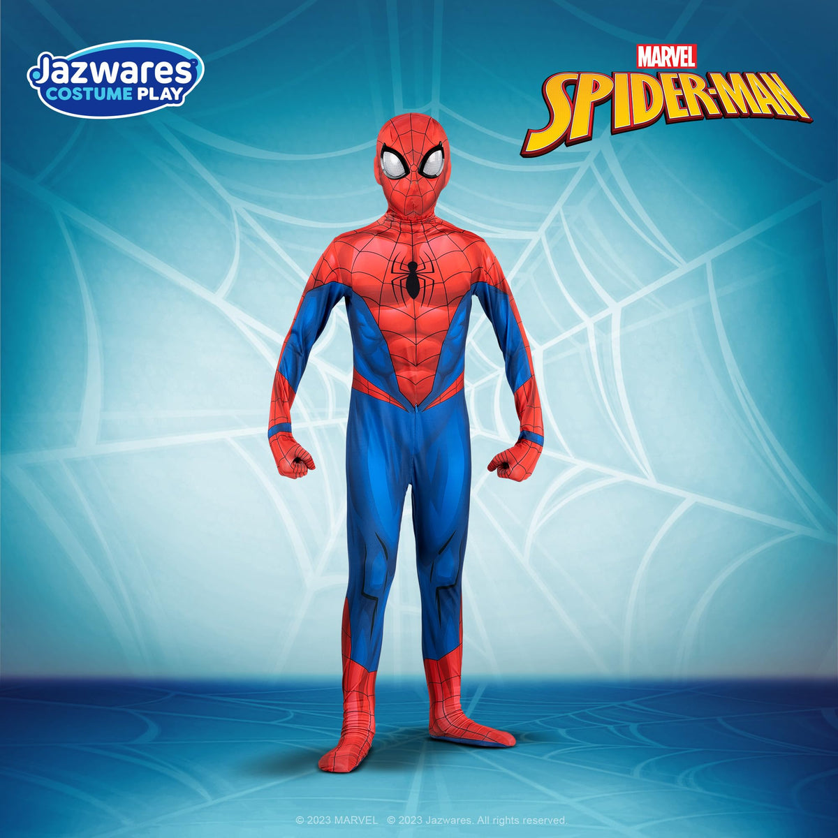 Jazwares Costume Play Spider-Man Youth Zentai mask detail with detachable eyes for quick adjustments.