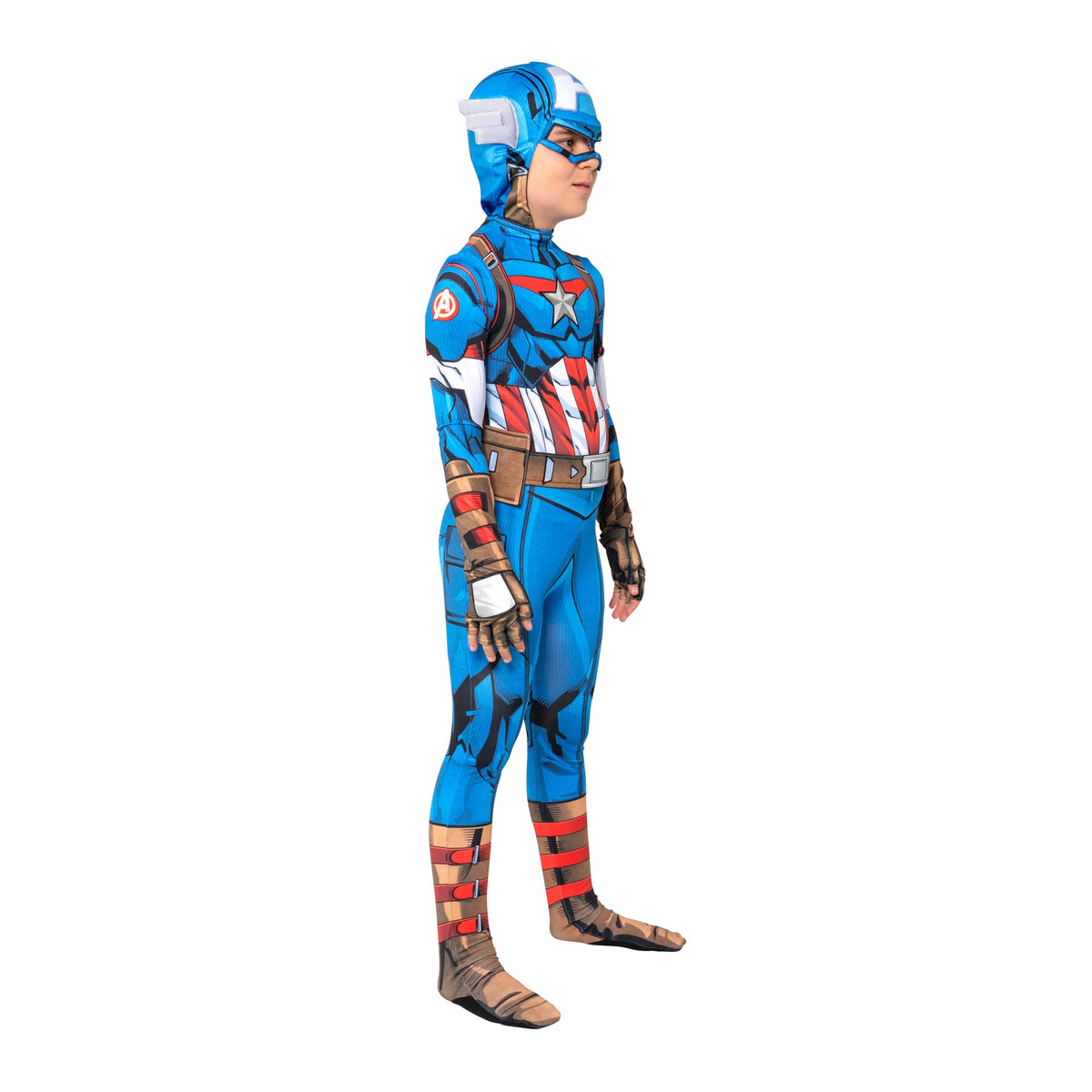Jazwares Captain America youth deluxe Zentai jumpsuit back view with snug fit
