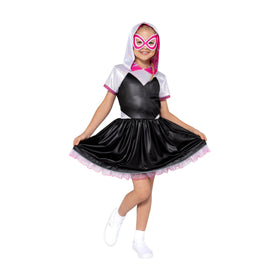 Jazwares Ghost Spider dress front view for kid-friendly Halloween adventures.