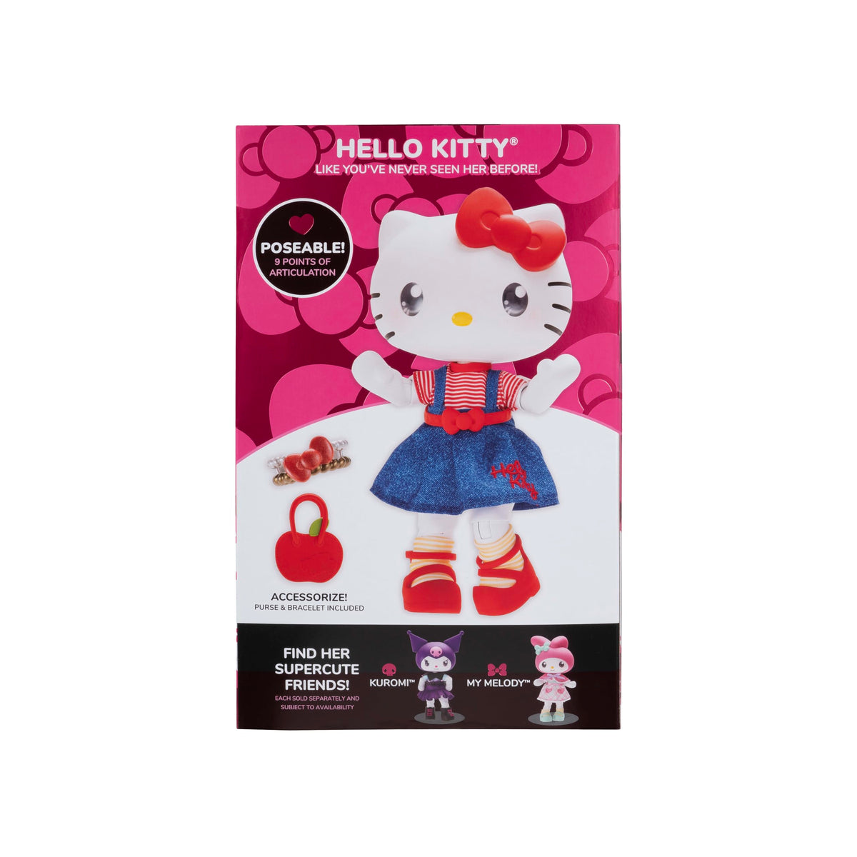 Jazwares Hello Kitty figure with accessories purse and bracelet for stylish display.