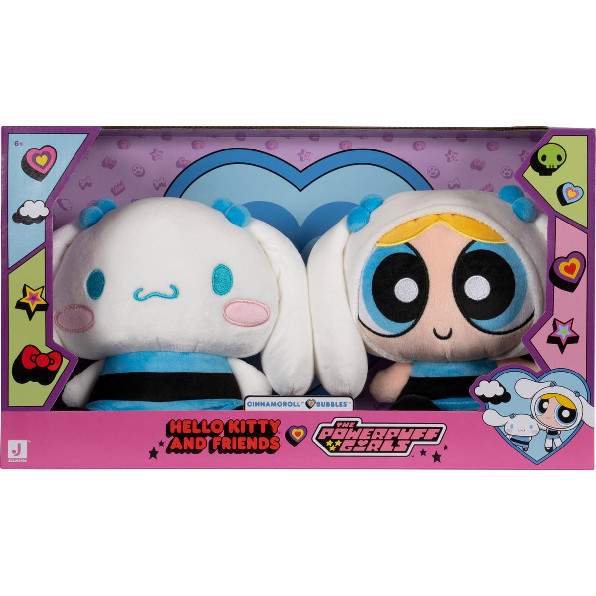 Jazwares Hello Kitty x Powerpuff 8-inch Cinnamoroll and Bubbles plush duo for cozy cuddles.