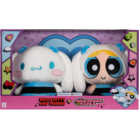 Jazwares Hello Kitty x Powerpuff 8-inch Cinnamoroll and Bubbles plush duo for cozy cuddles.
