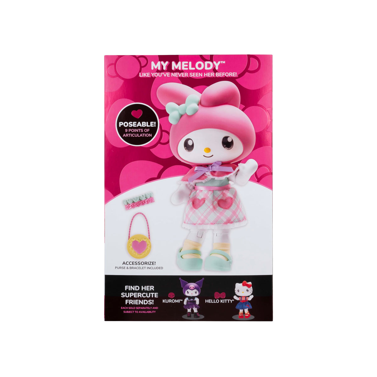 Jazwares Hello Kitty My Melody figure with purse and bracelet accessories for stylish outfits.