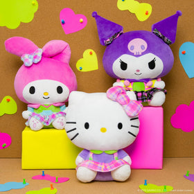 Hello Kitty Neon Plush with plaid overalls and bow, durable cuddly friend for playtime.