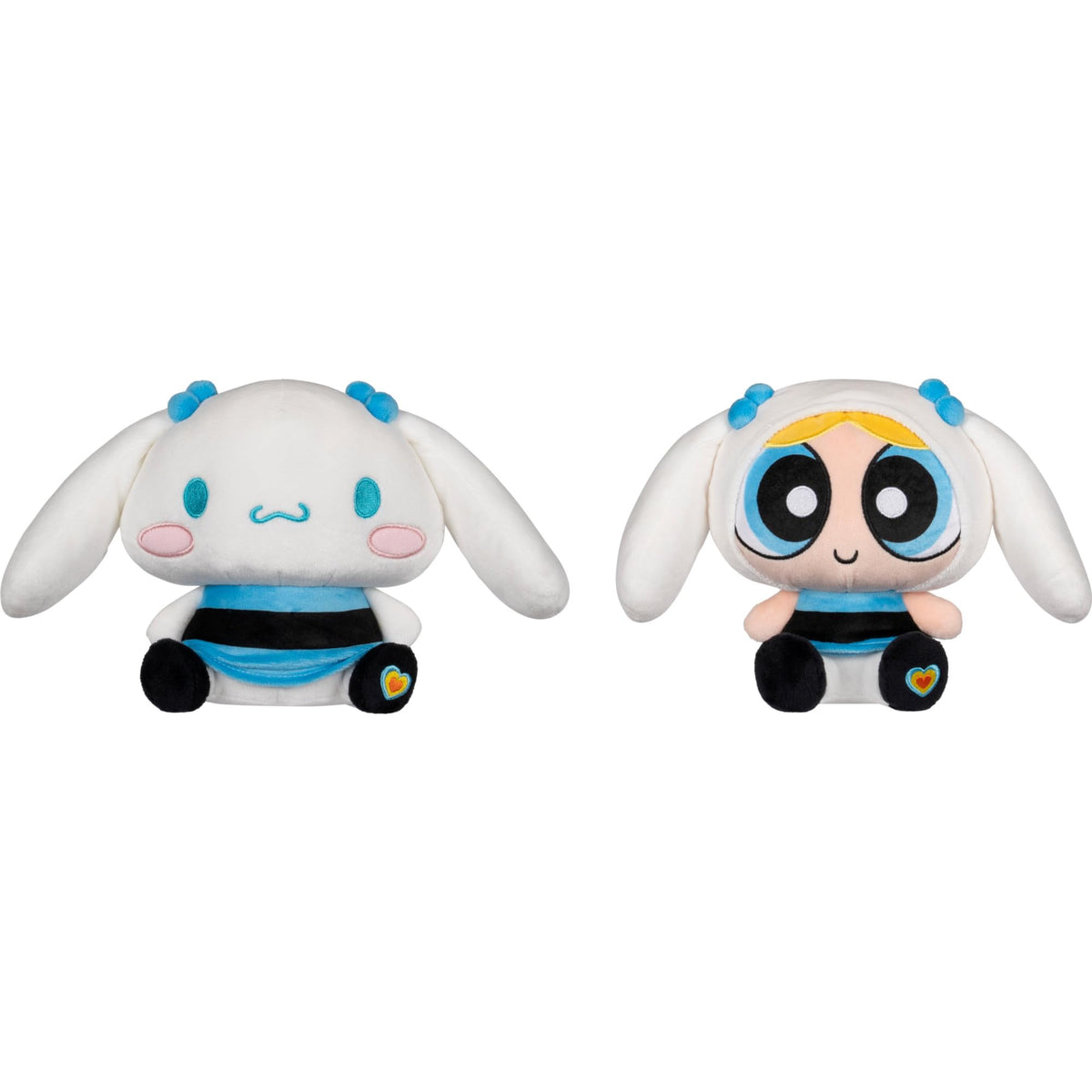 Hello Kitty x Powerpuff plush duo with blue outfits for coordinated display.