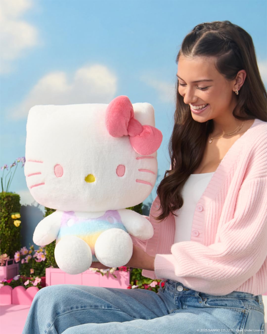Jazwares Hello Kitty soft rainbow 24-inch plush, a cozy bedtime companion.