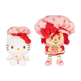 Jazwares Hello Kitty plush in strawberry hood with Strawberry Shortcake for cozy display and imaginative play.