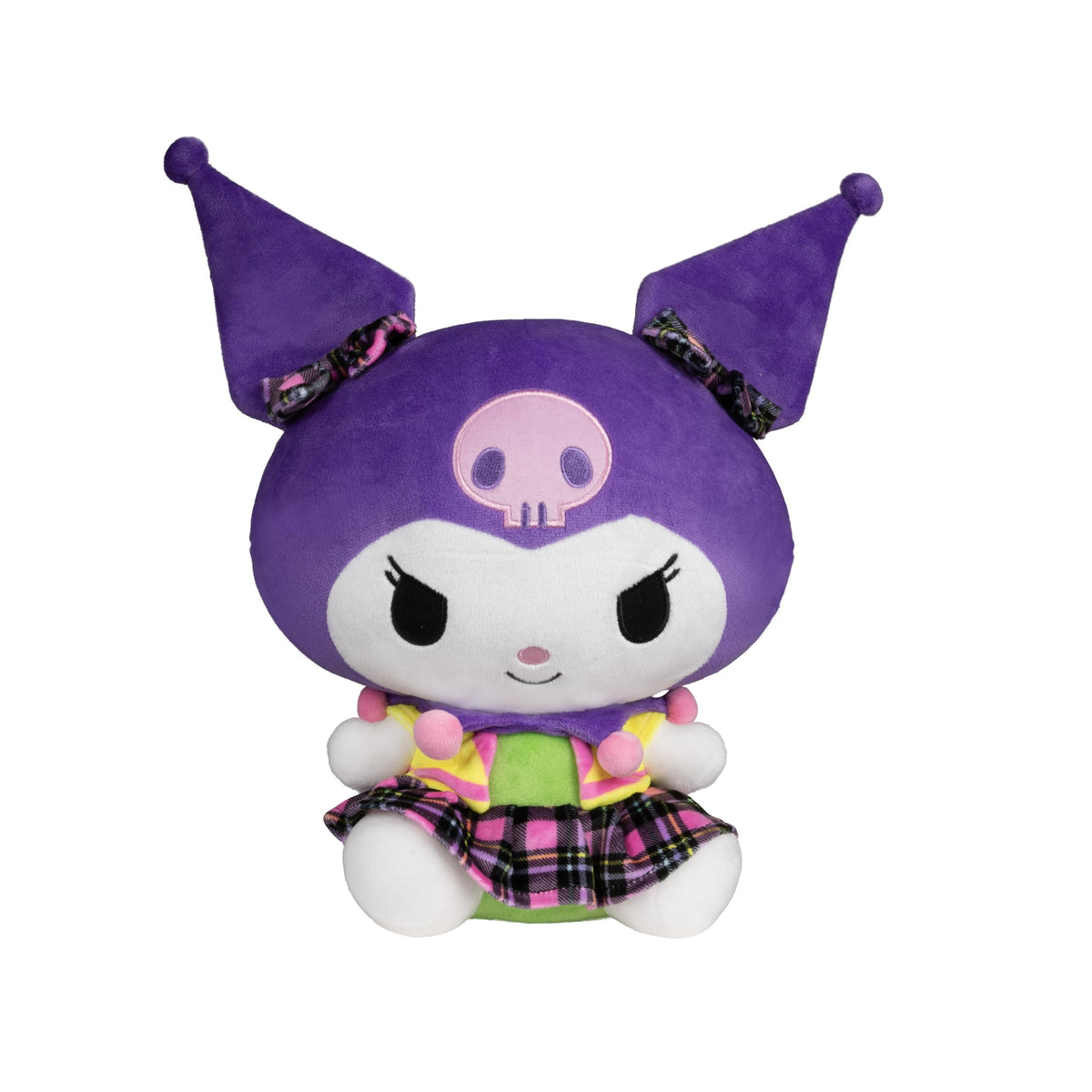 Jazwares Kuromi Neon Plush 12-inch with plaid skirt, vibrant colors for play and display.