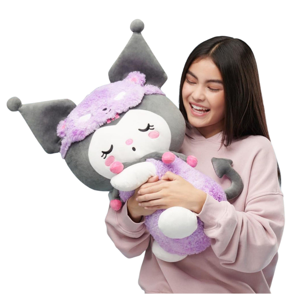 Jazwares Kuromi sleeping plush front view in ultra-soft sherpa for cozy cuddles.