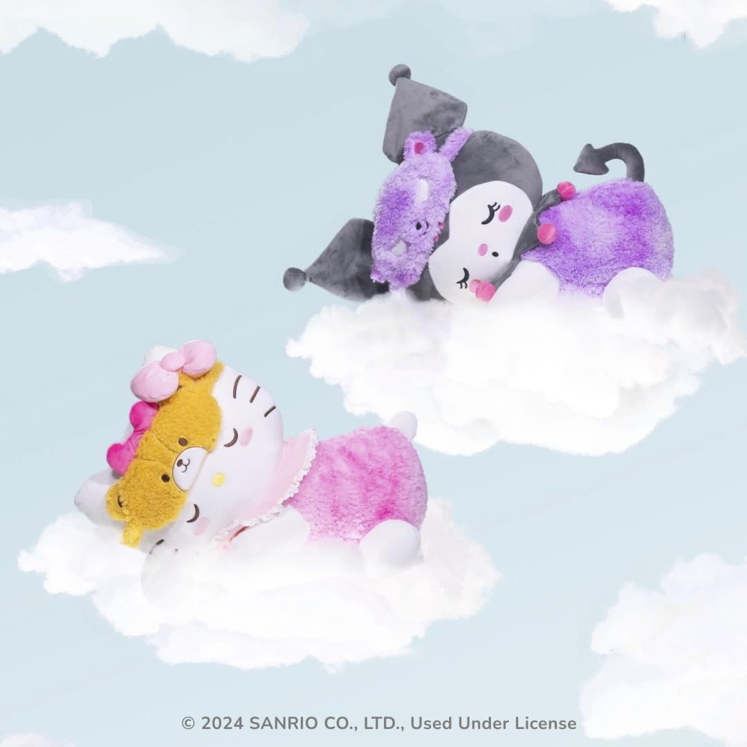 Jazwares Kuromi sleeping plush sleep mask detail with tie-dye pajamas.