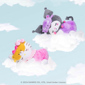 Jazwares Kuromi sleeping plush sleep mask detail with tie-dye pajamas.