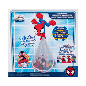 Jazwares Marvel Spidey bath toy collection displayed for easy pickup after bath