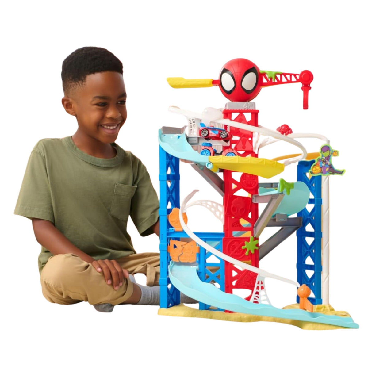 Jazwares Marvel Spidey zipline action on Construction Zone Chaos Track Set for imaginative play