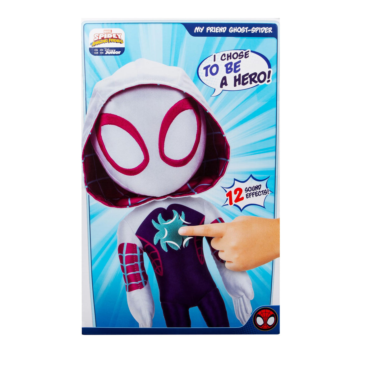 Jazwares Ghost-Spider plush chest press activates sounds for scene recreation.