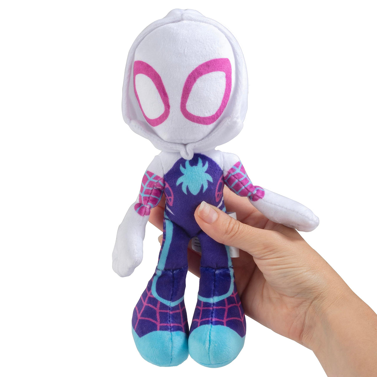 Jazwares Marvel Gwen Stacy Ghost Spider plush in kids' hands for playtime.