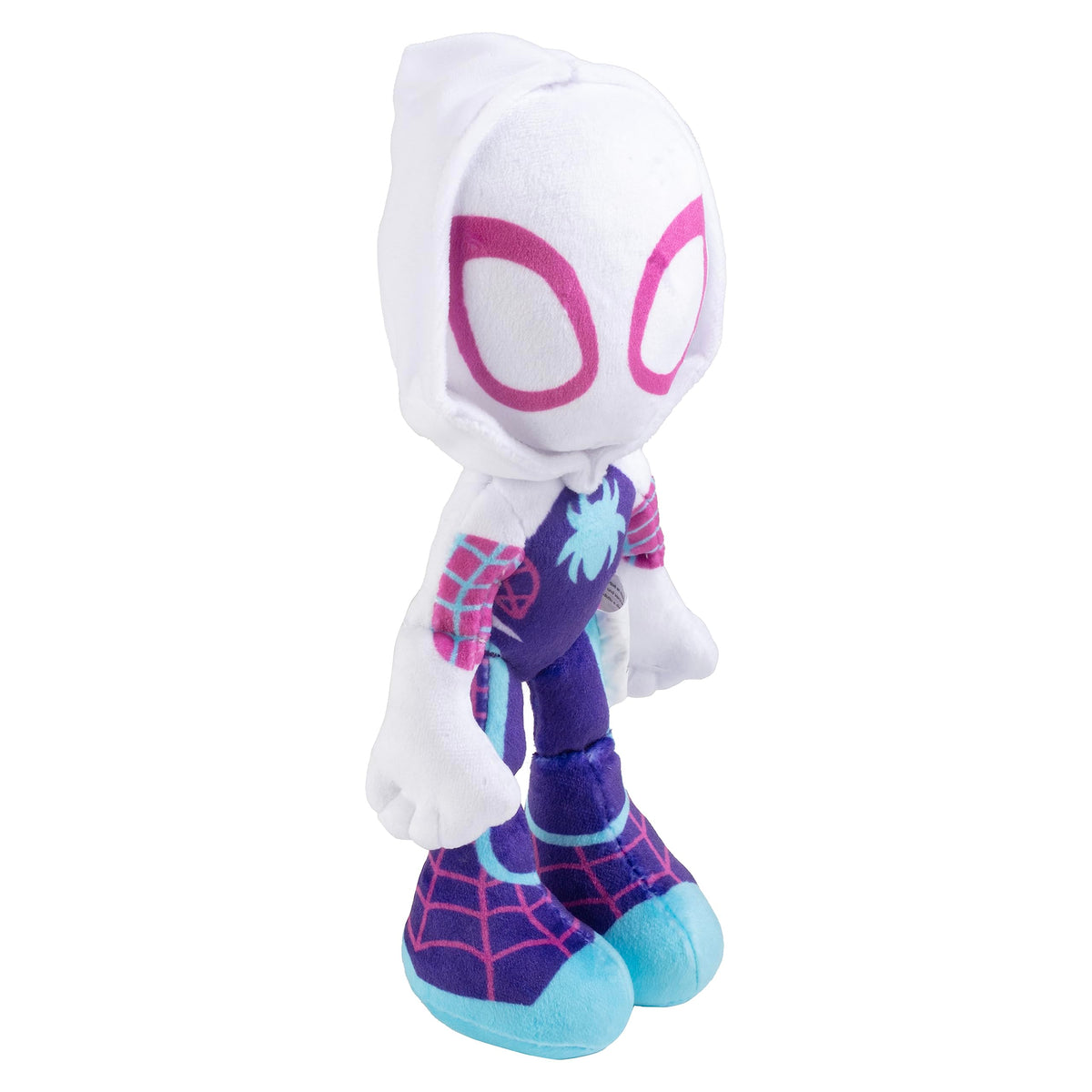 Jazwares Marvel Gwen Stacy Ghost Spider plush side view for on-the-go adventures.