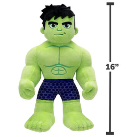 Jazwares Marvel My Friend Hulk plush with battery on/off switch for easy playtime control.