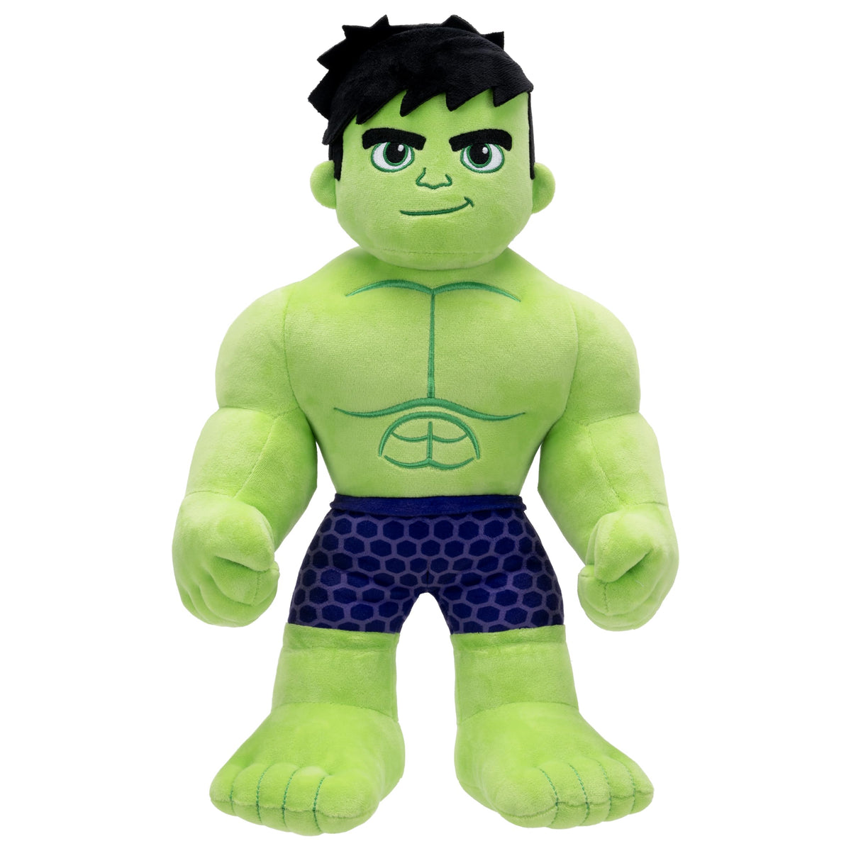 Jazwares Marvel My Friend Hulk plush face close-up highlights soft material and friendly pose.