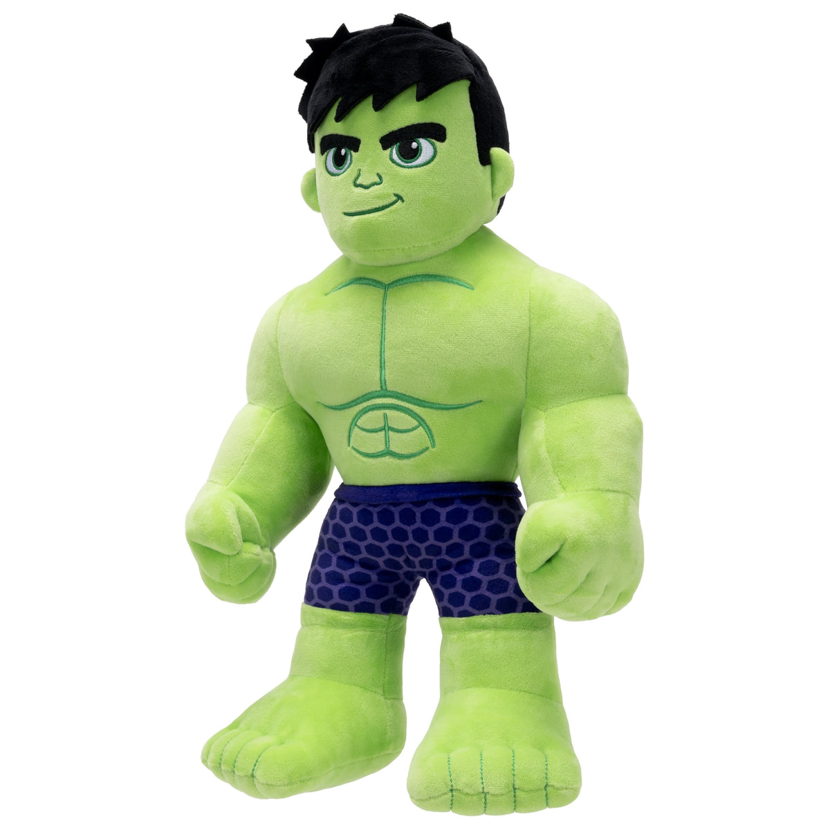 Jazwares Marvel My Friend Hulk plush stomach press activates 16 phrases for playful interaction.