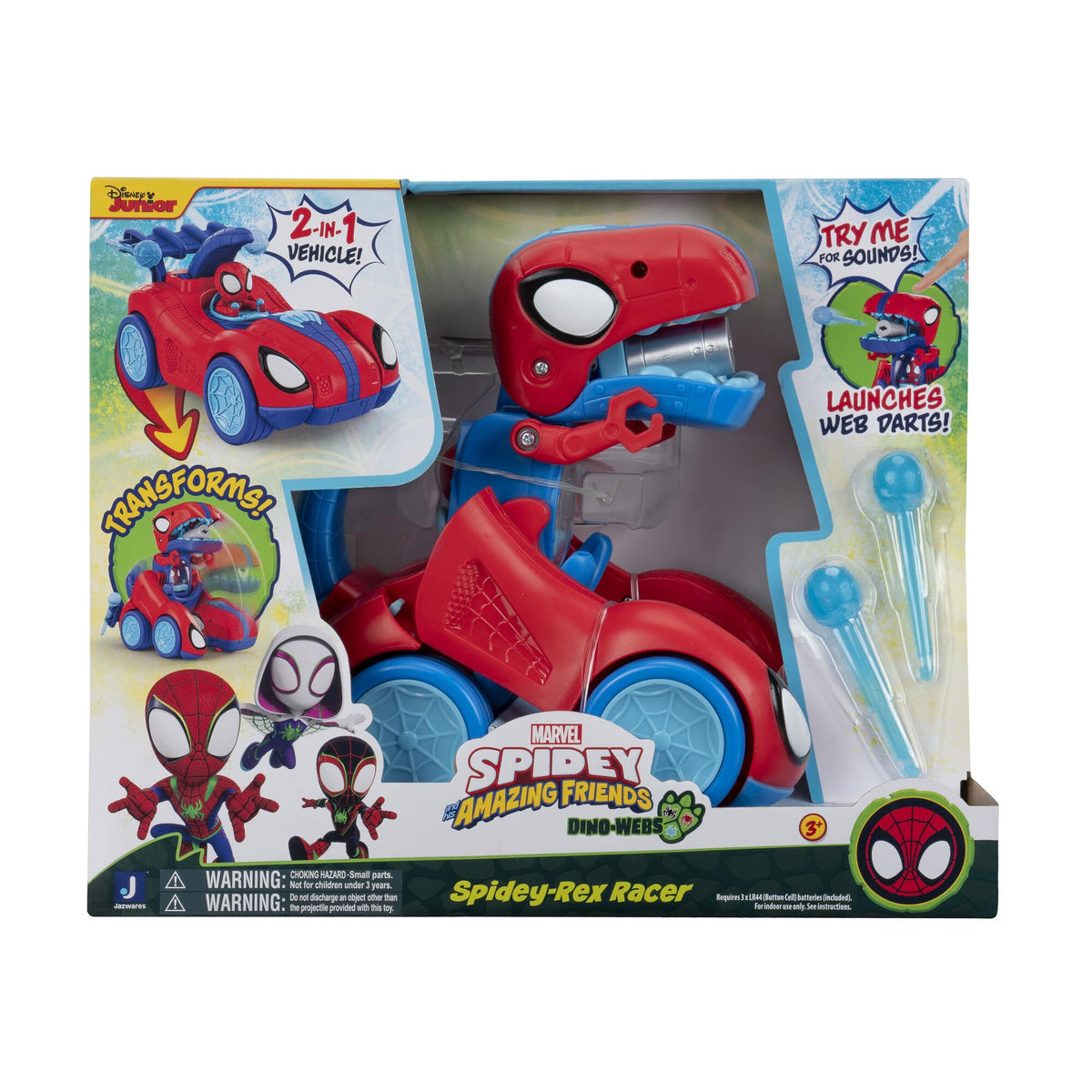 Jazwares MARVEL Spidey-Rex Racer features Spider icon sounds in both modes